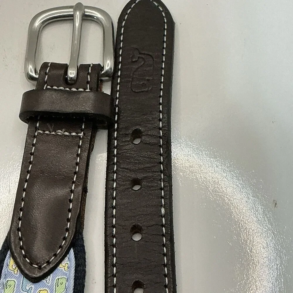 Vineyard Vines Navy Pink Blue Whale Logo Canvas Club Brown Belt Size 28 Made USA